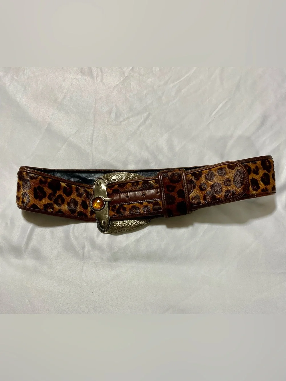 Leopard Print leather Women's Belt with Amber Accent Buckle